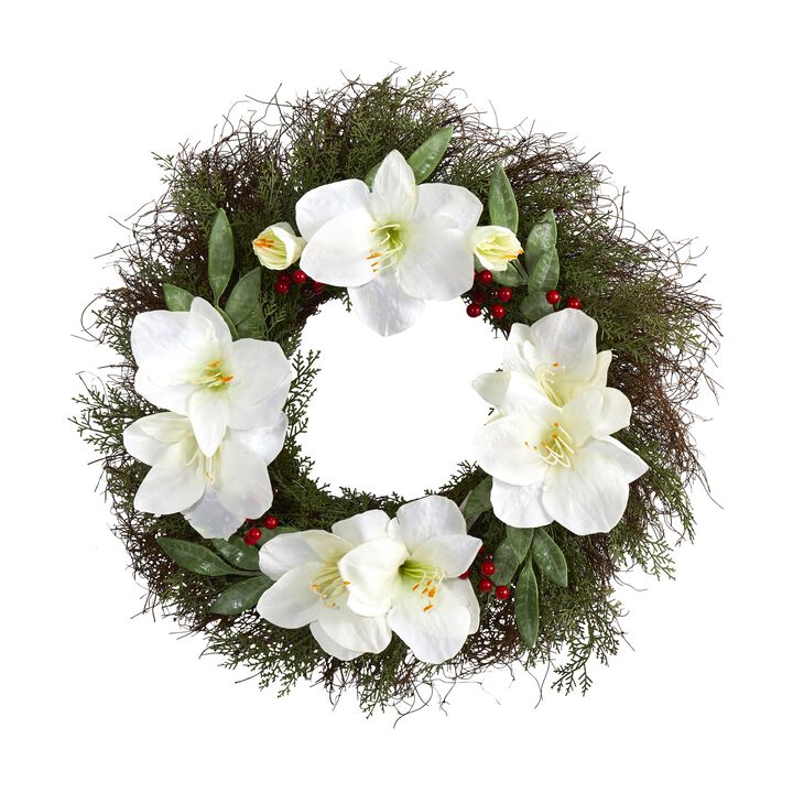 Hivvago 20" Cedar, Amaryllis and Ruscus with Berries Artificial Wreath