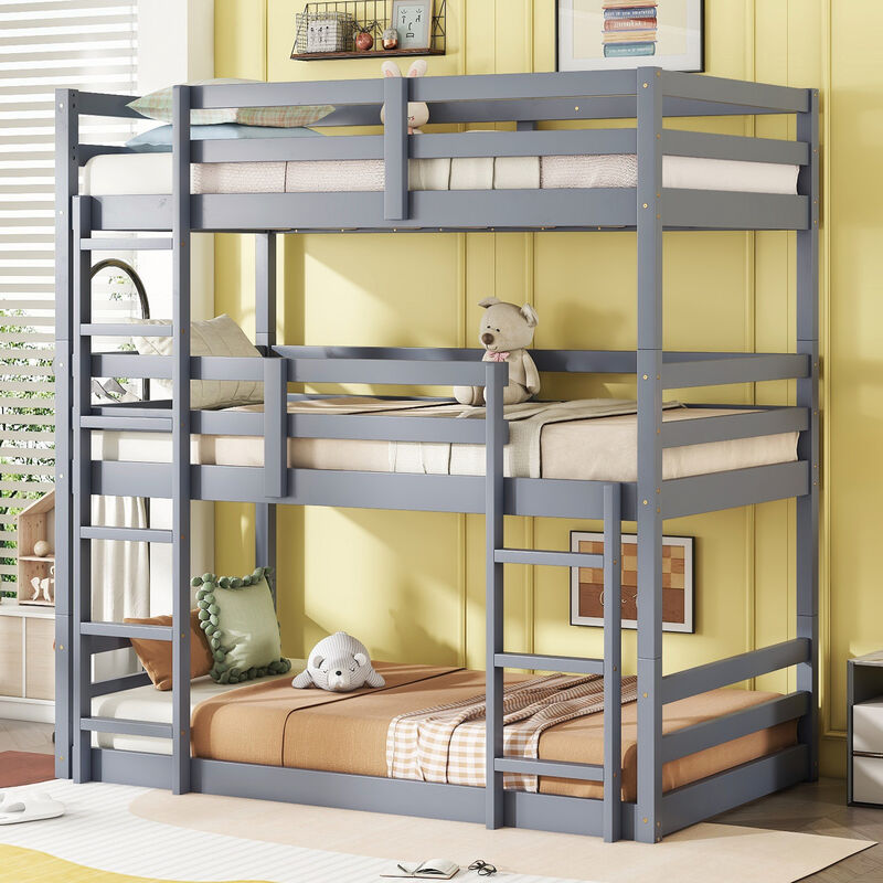 Whisen Rubber Wood Detachable Triple Twin Bunk Bed with Two Built-in Ladders and Guardrails image number 1