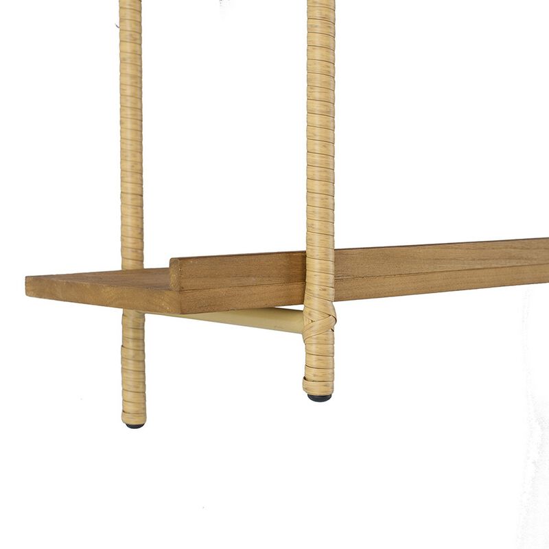 36 Inch Modern Wood Two Tier Shelf, Rattan Braiding, Brown, Gold-Benzara