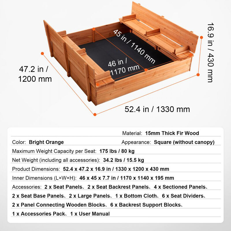 Wooden Outdoor Sandbox with Foldable Benches, Sand Pit with Bottom Liner for Boys and Girls-Natural image number 2