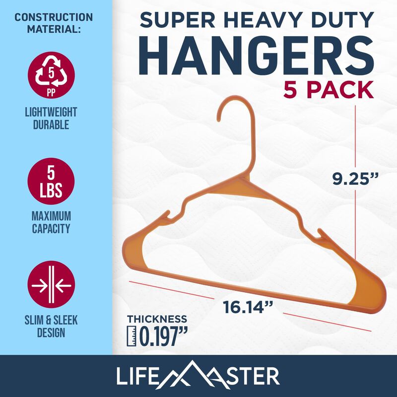 Lifemaster Plastic Clothes Hangers &ndash; Heavy Duty Hanger Set, For Organizing Clothes, Dresses, and Coat, Holds Up To 5 lbs, Space-saving Hangers with Non-Slip Shoulder Grooves, Pack of 5, Orange