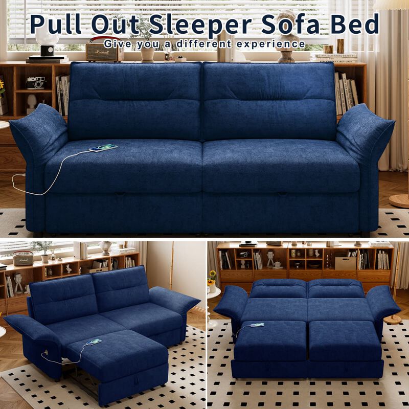 Convertible sleeper sofa bed, Plush fabric pull out futon with USB charging ports, 85 inch sofa bed for small spaces image number 4