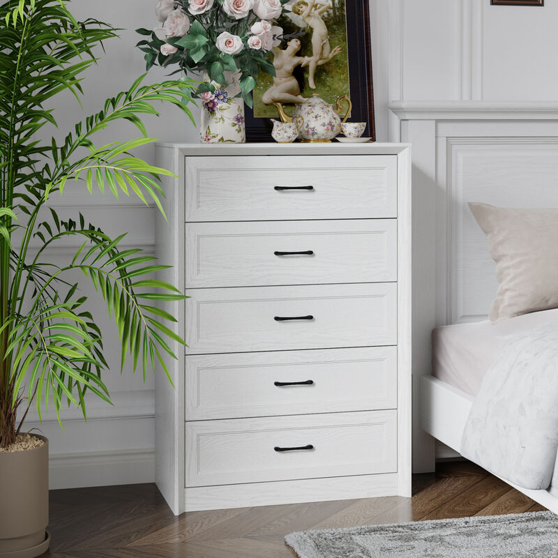 FUFU&GAGA 5-Drawer Storage Cabinet, White Wood Grain PB Board with Black Horizontal Handles, Modern Dresser for Bedroom & Living Room (31.5 in. W x 15.7 in. D x 46.5 in. H)