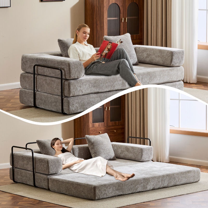 Chenille Floor Sofa Bed &ndash; Comfy Futon Couch with Pillow and Back Support