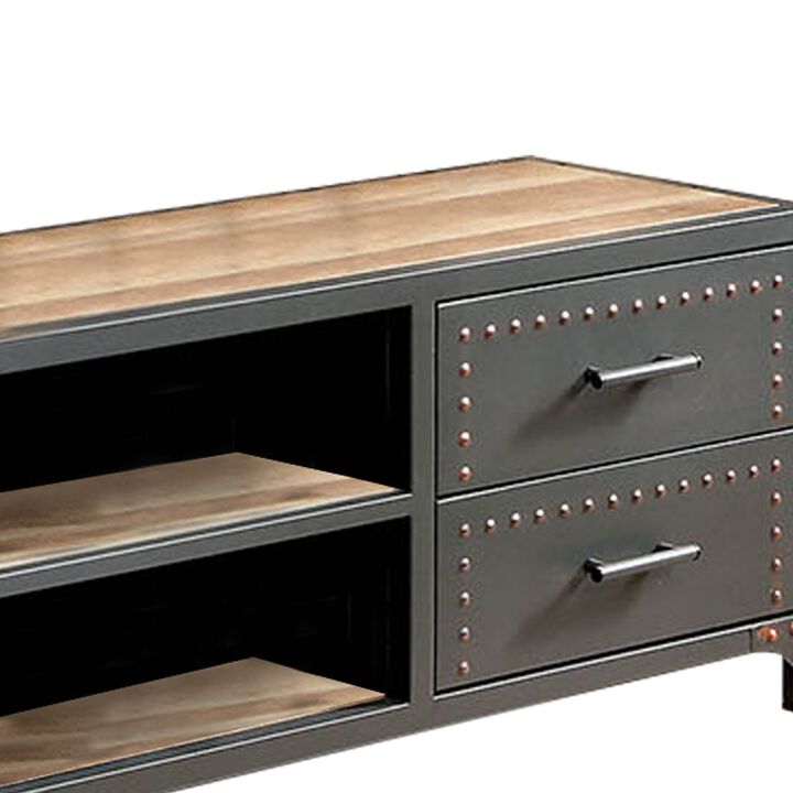 60" Wooden TV Stand With 4 Drawers and 2 Open Shelves In Gray-Benzara