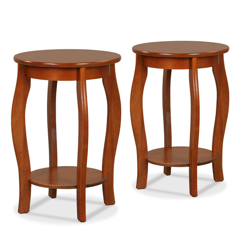 Set of 2 15 Inch 2-Tier Round End Table with Storage Shelf - Walnut image number 1