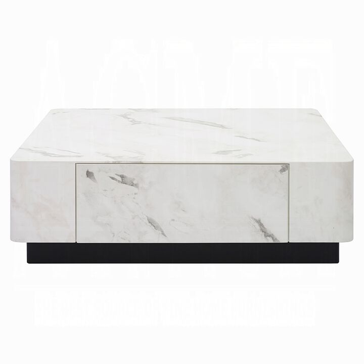 Ritzy Coffee Table, Modern Plinth, White Faux Marble, 47 Inch Square - Benzara
