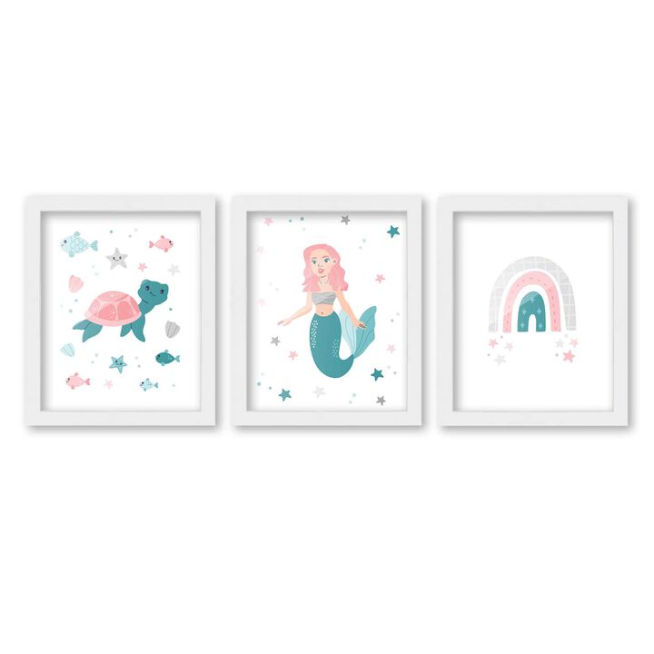 8x10 Framed Nursery Wall Art Set of 3 Hand Drawn Mermaid Prints in White Wood Frames