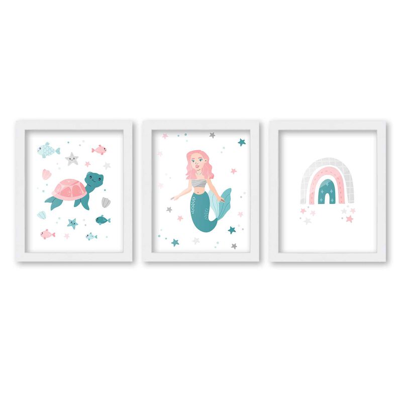 8x10 Framed Nursery Wall Art Set of 3 Hand Drawn Mermaid Prints in White Wood Frames