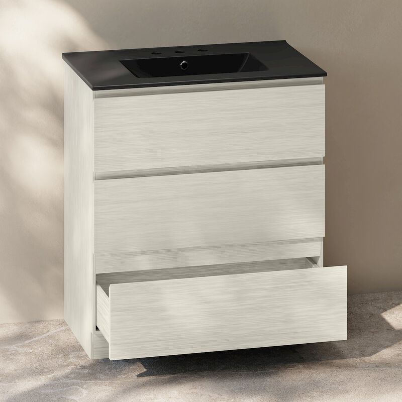 30" Freestanding Bathroom Vanity in White Oak, Black 3-Hole Widespread Sink Top image number 4