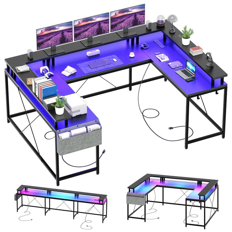 Jojoka U Shaped Computer Gaming Desk, Reversible L Shaped Desk with Power Outlets, LED Strip & Monitor Stand, Large Corner Desk
