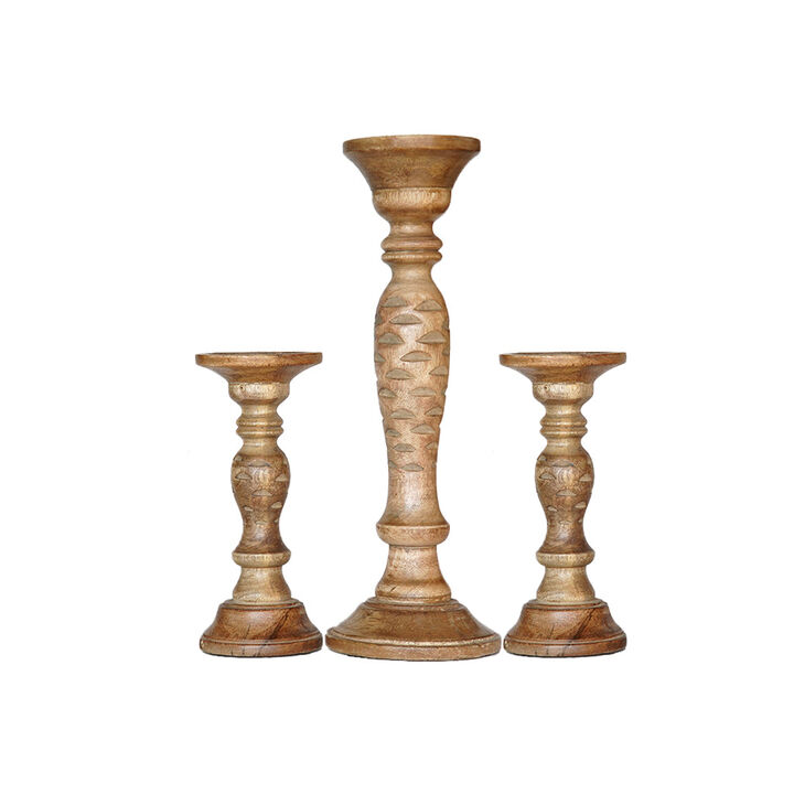 Traditional Wallnut Eco-friendly Handmade Mango Wood Set Of Three 9",15" & 9" Pillar Candle Holder