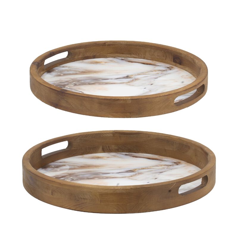 18, 15 Inch Round Decorative Tray, Marble Effect, Brown Fir Wood Frame image number 2