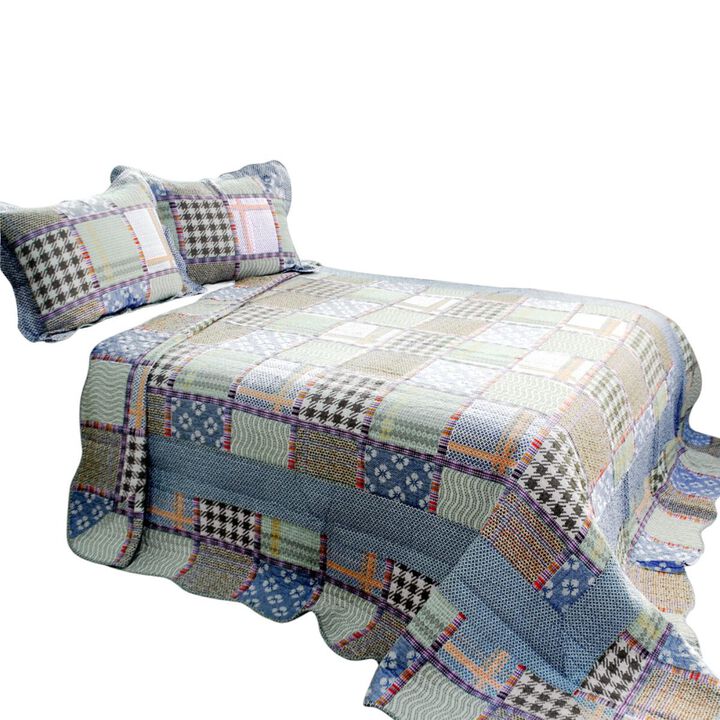 Queen Size 3-Piece Cotton Quilted Printed Quilt Set with Matching Pillow Shams