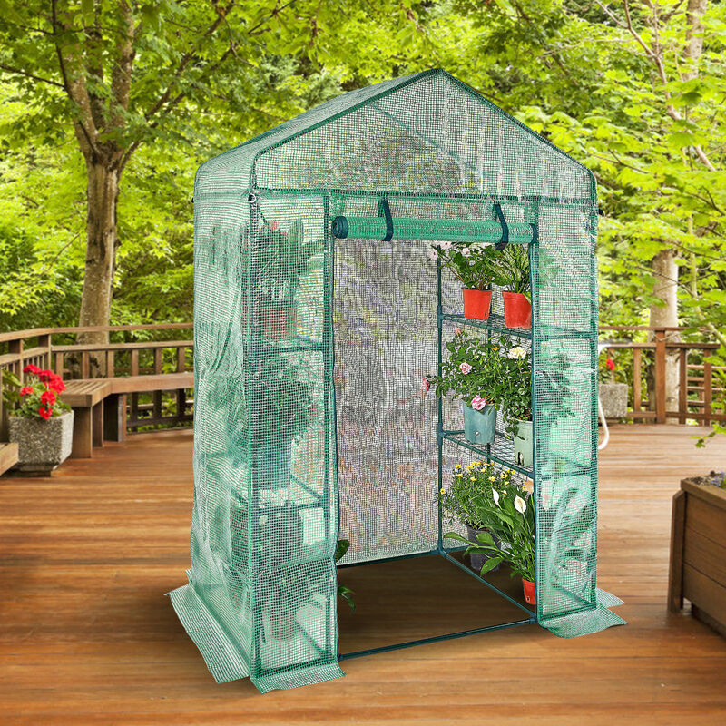 Portable Walk-in Greenhouse with Shelves, Roll-Up Windows, and Heavy-Duty PE Cover