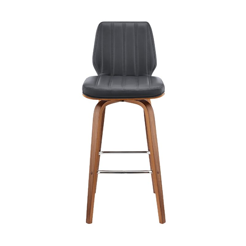 Swivel Barstool with Channel Stitching and Wooden Support, Black and Brown-Benzara image number 2