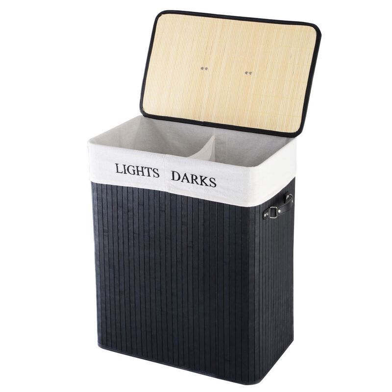 QuikFurn Black Bamboo 2-Bin Lights Darks Laundry Hamper with Handles