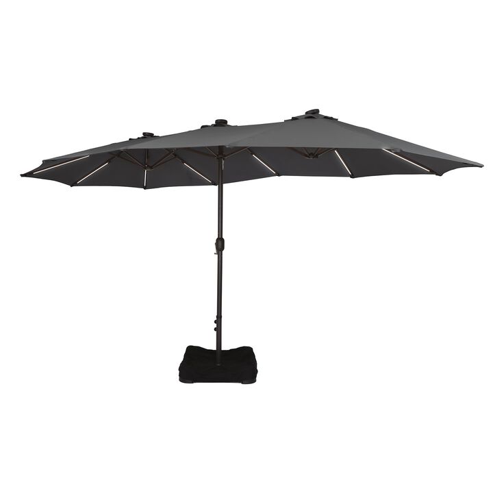 15 FT Double-Head Patio Umbrella with Base Included Large Outdoor Umbrella with Solar Detachable Lights Rectangular Crank Market Umbrella, Red
