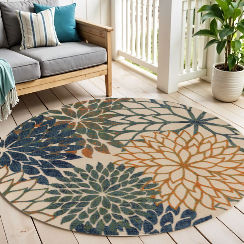 HomeRoots 5' Blue Green And Yellow Round Floral Indoor Outdoor Area Rug image number 1