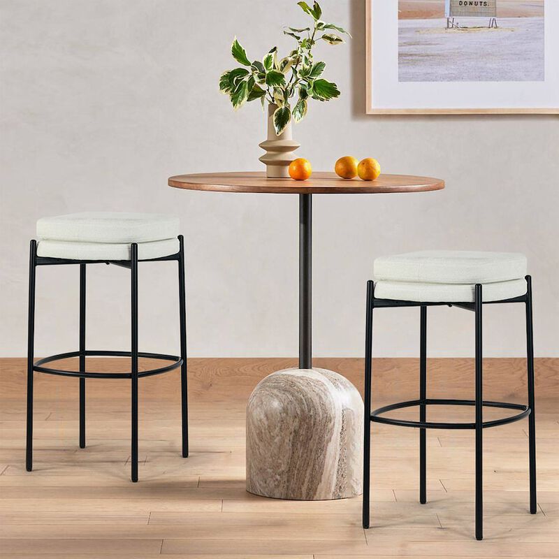 Glamour Home Set of 2 Avril White Boucle Backless Counter Stool with Black Metal Legs