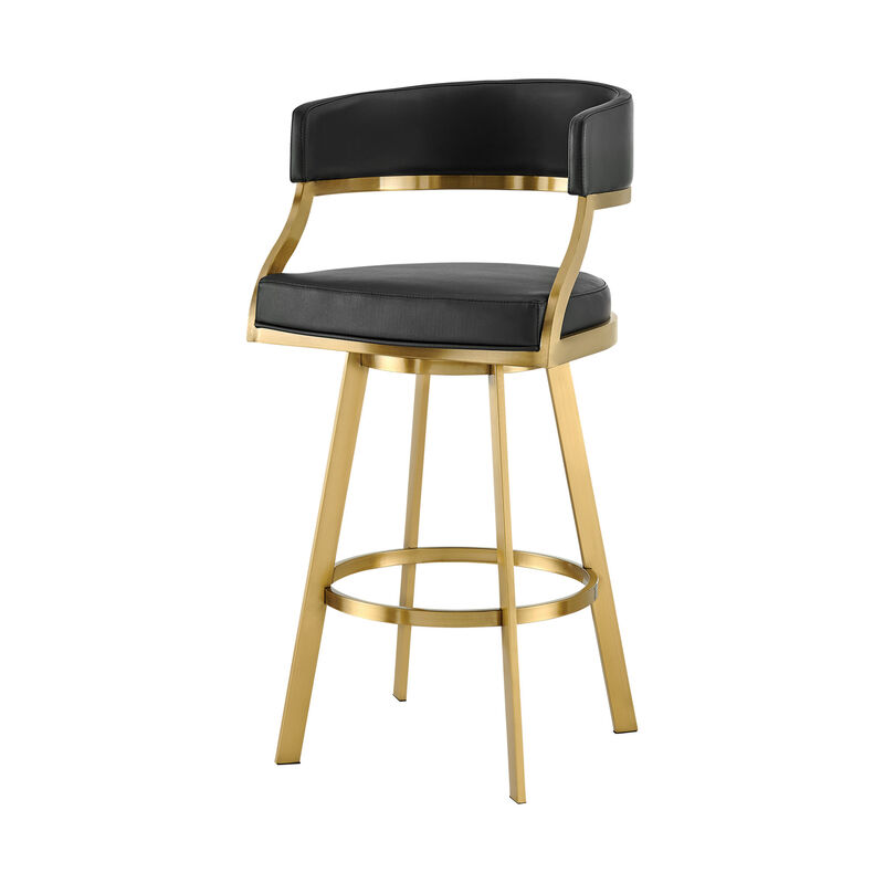 HomeRoots 30" Black and Gold Faux Leather and Stainless Steel Low Back Bar Height Swivel Bar Chair image number 5