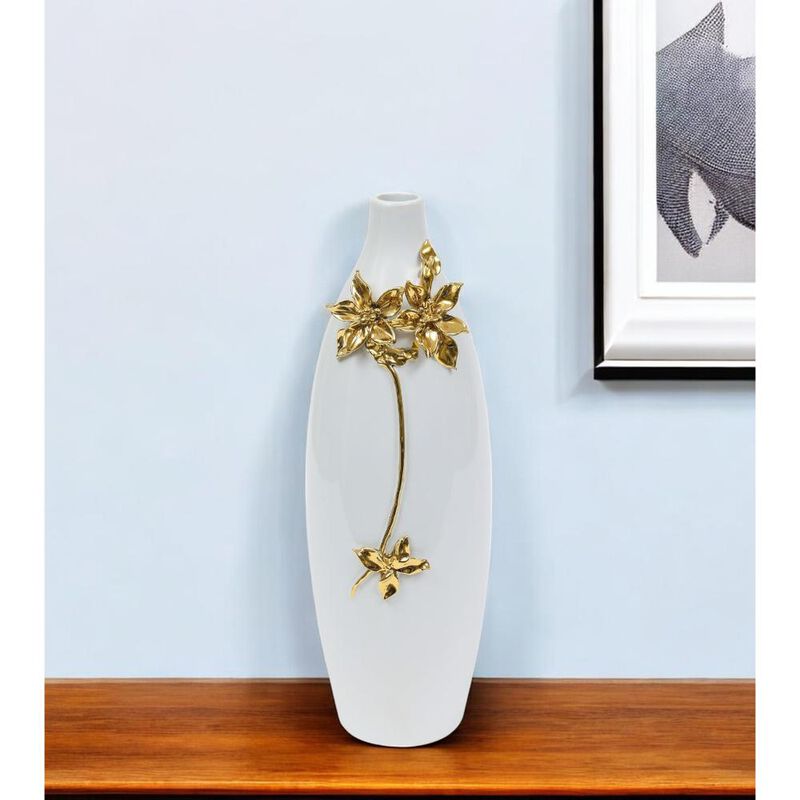 Hivvago 18 Inch Gold Floral Oval Ceramic Table Vase With Sculptural Details