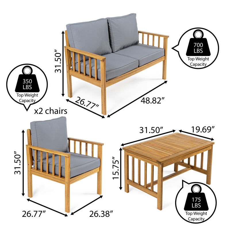 Everly 4-Piece Modern Cottage Acacia Wood Outdoor Patio Set with Cushions and Tropical Decorative Pillows