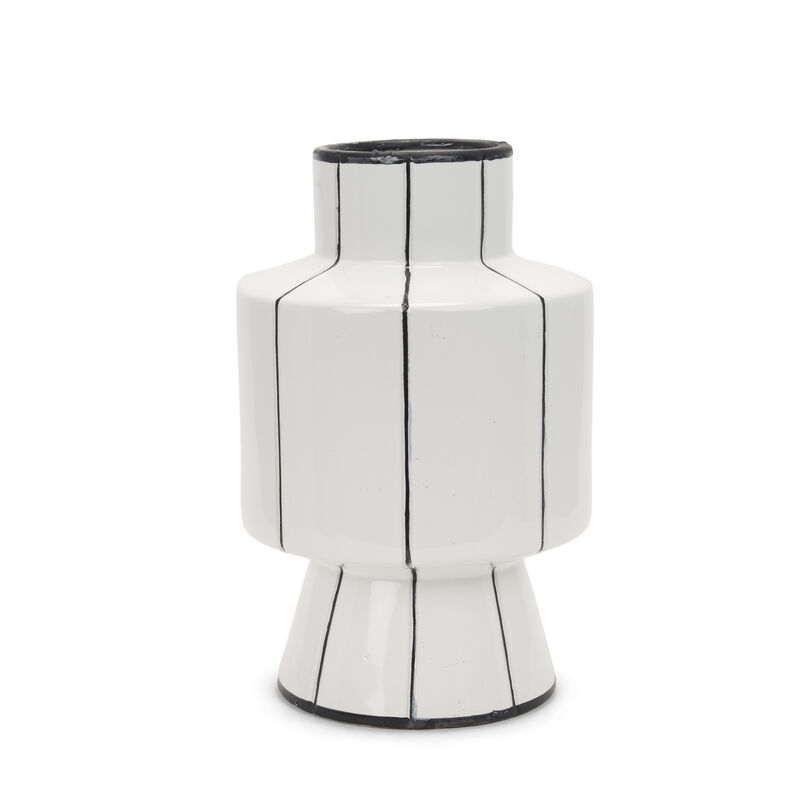 HomeRoots 16" White And Black Striped Ceramic Cylinder Table Vase image number 2