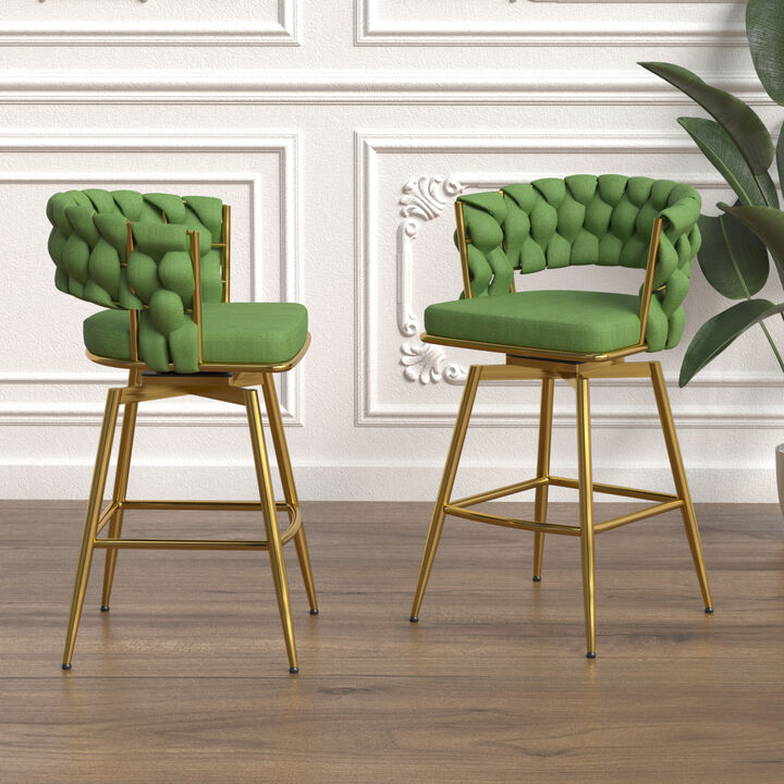 Bar Chair Linen Woven Bar Stool Set of 2, Golden legs Barstools No Adjustable Kitchen Island Chairs,360 Swivel Bar Stools Upholstered Bar Chair Counter Stool Arm Chairs with Back Footrest, (Green)