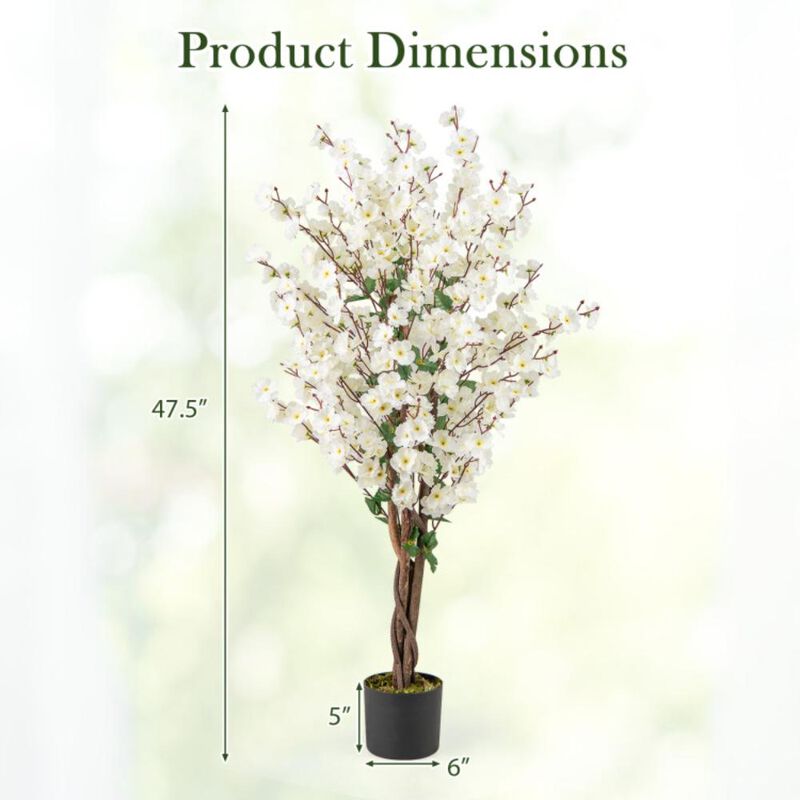 Hivvago Faux Plum Blossom Plant with White Fabric Flower and Solid Wood Trunk