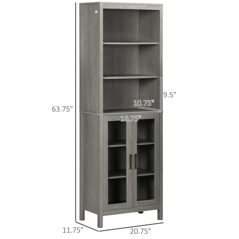Tall Bathroom Storage Cabinet with 3 Tier Shelf, Glass Door Cupboard, Freestanding Linen Tower with Adjustable Shelves, Grey Wood Grain
