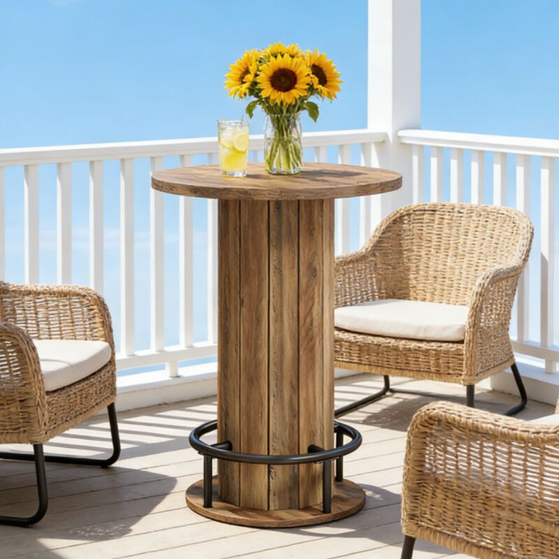 Wooden Bar Table with Brown Wood Grain Top and Rounded Base image number 6