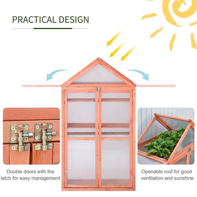 32" x 19" x 54" Greenhouse Flower Planter Protection w/ Adjustable Shelves, Double Doors, Garden Wooden Cold Frame Orange
