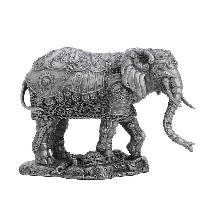 Metallic Silver Pewter Finish Mechanical Steampunk Elephant Statue