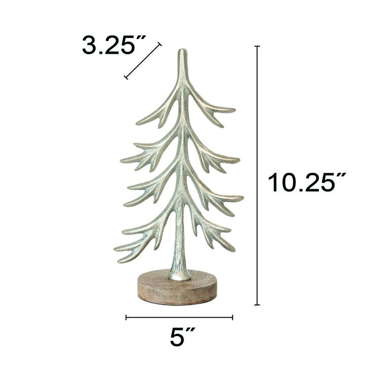 Cast Aluminum Tree with Mango Wood Base, Silver Finish