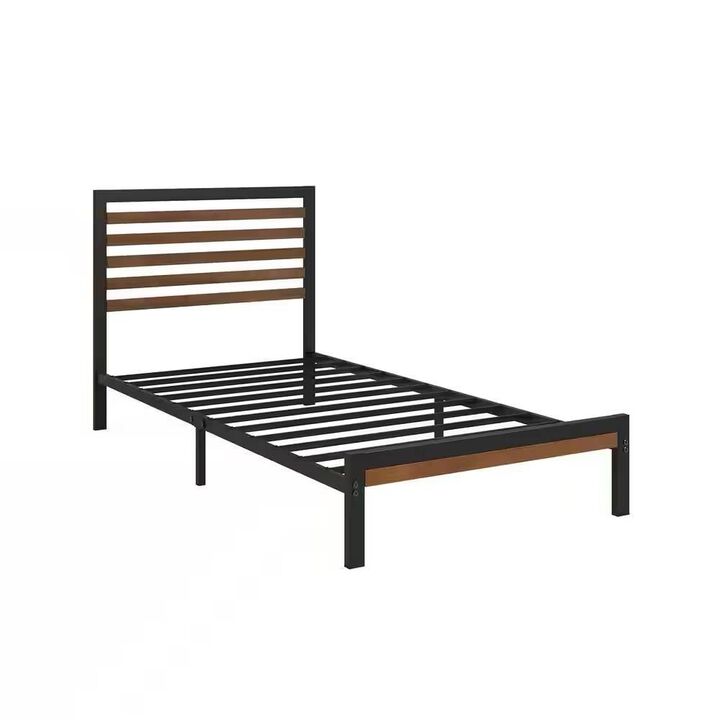 Hivvago Twin Student Dorm Black Metal Platform Bed Frame with Brown Wood Slat Headboard