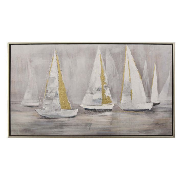 36 X 47 Inch Framed Wall Art, Floating Boat Canvas Oil Painting, Gold White - Benzara