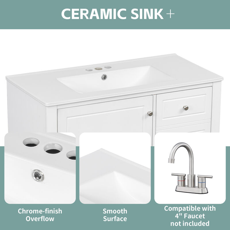 Merax Freestanding White Bathroom Vanity with Integrated Ceramic Sink