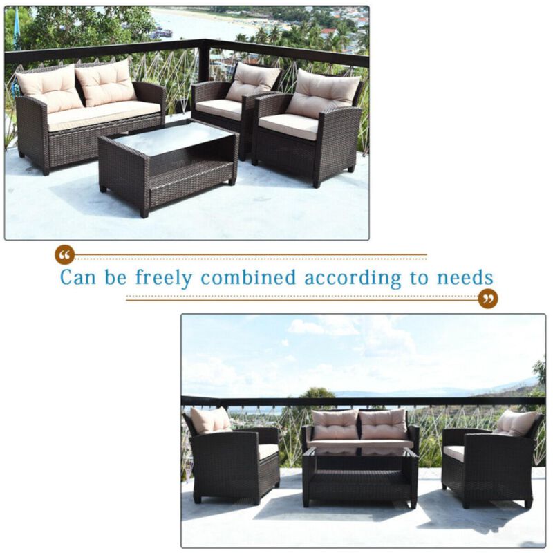 Hivvago 4 Pieces Patio Rattan Furniture Set with Tempered Glass Coffee Table