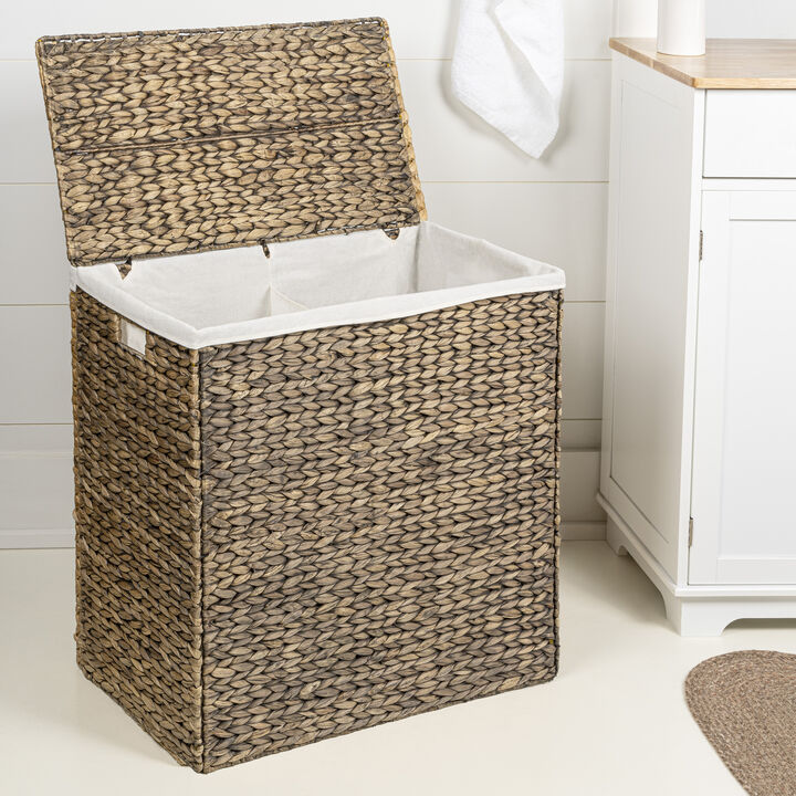 Sawyer Classic Farmhouse Handwoven Hyacinth 2-Section Collapsible Laundry Hamper with Washable Liner