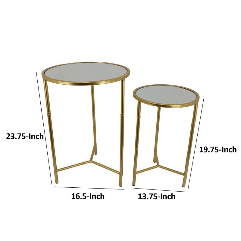 Modern Plant Stand Table Set of 2, Round Mirror Top, Gold Metal Base