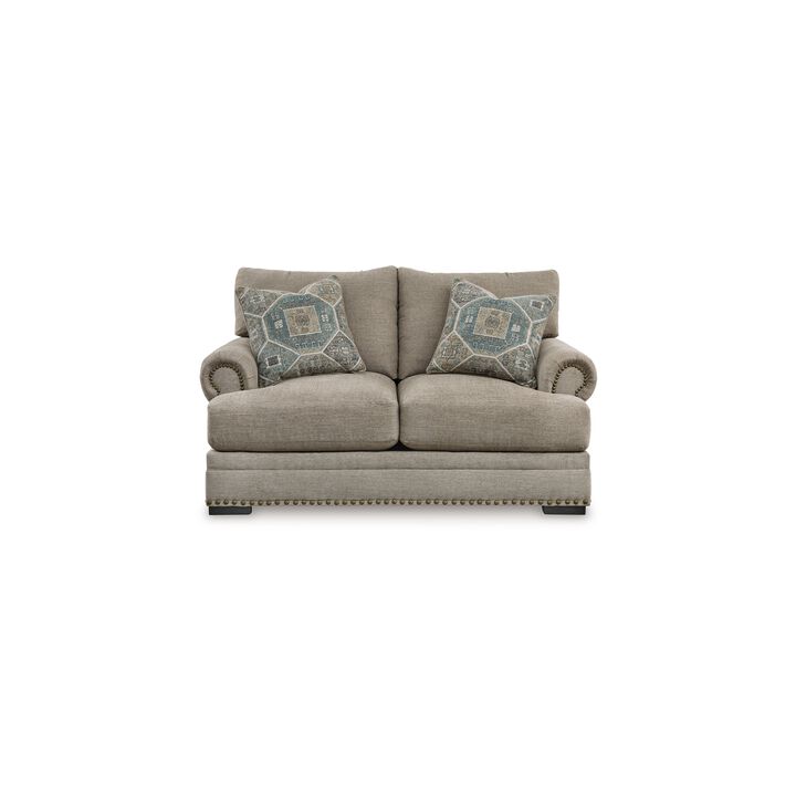 Golo Loveseat, 72 Inch, 2 Accent Pillows, Gray Fabric, Nailhead Trim