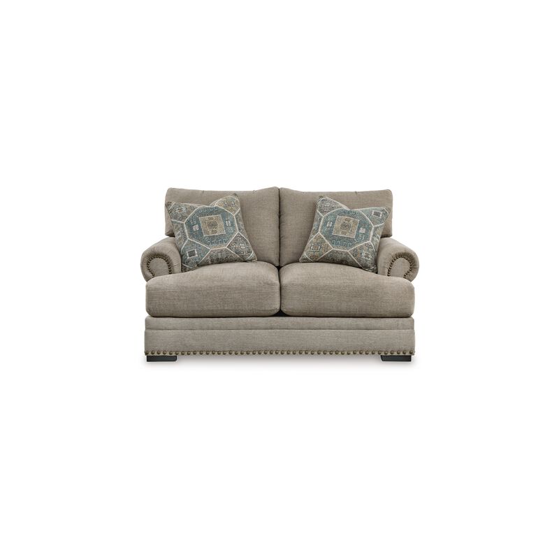 Golo Loveseat, 72 Inch, 2 Accent Pillows, Gray Fabric, Nailhead Trim