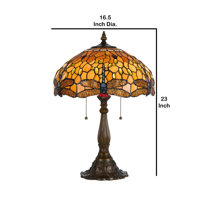 2 Bulb Tiffany Table Lamp with Dragonfly Design Shade, Multicolor-Benzara
