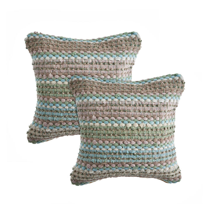 HomeRoots Set of Two 18" Beige Blue and Green Striped Cotton Blend Throw Pillows