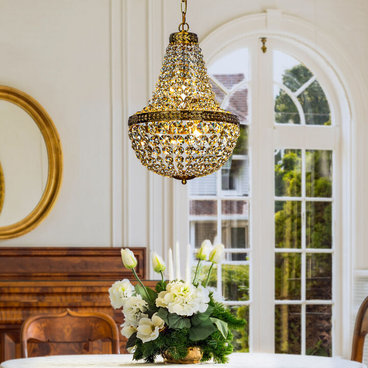 4-Light Vintage Basket Chandelier French Country Decor With Crystal Accents