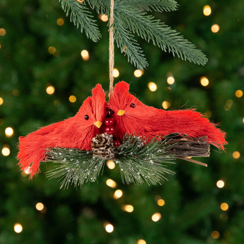 8" Double Cardinal and Pine Needle Branch Hanging Christmas Ornament