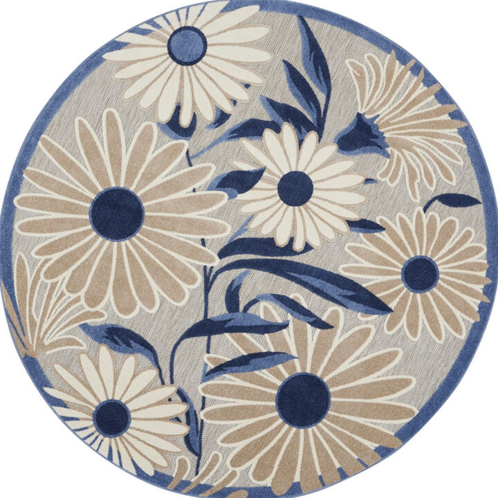 HomeRoots 5' Blue And Gray Round Floral Indoor Outdoor Area Rug