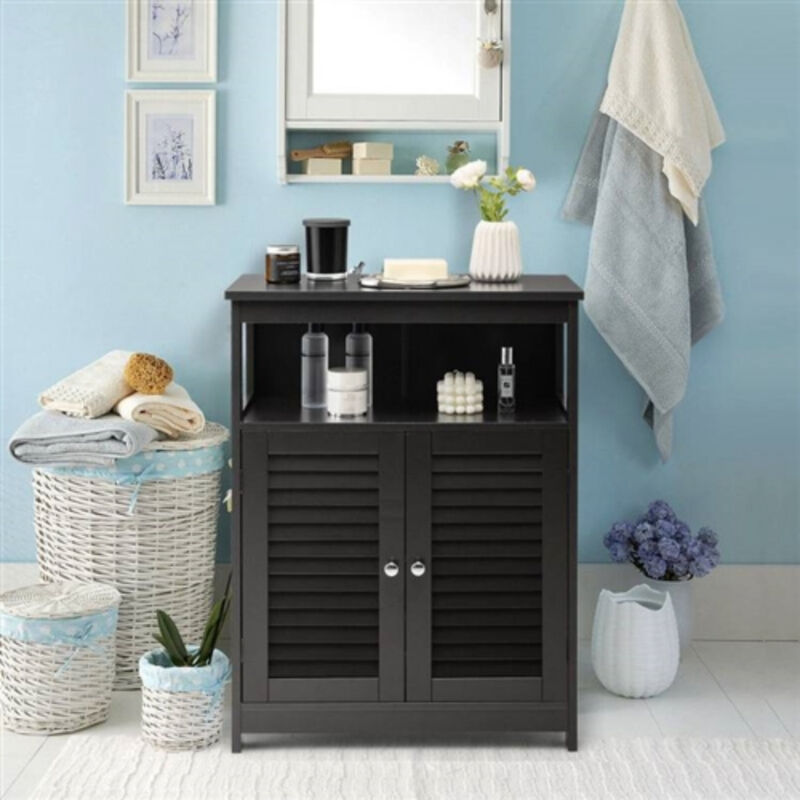 Rustic Farmhouse Linen Tower Cabinet with Slatted Doors and Open Shelf