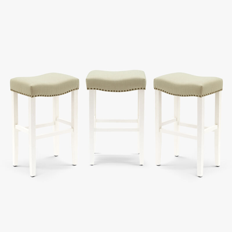 WestinTrends 29" Upholstered Saddle Seat Antique White Bar Stool (Set of 3)